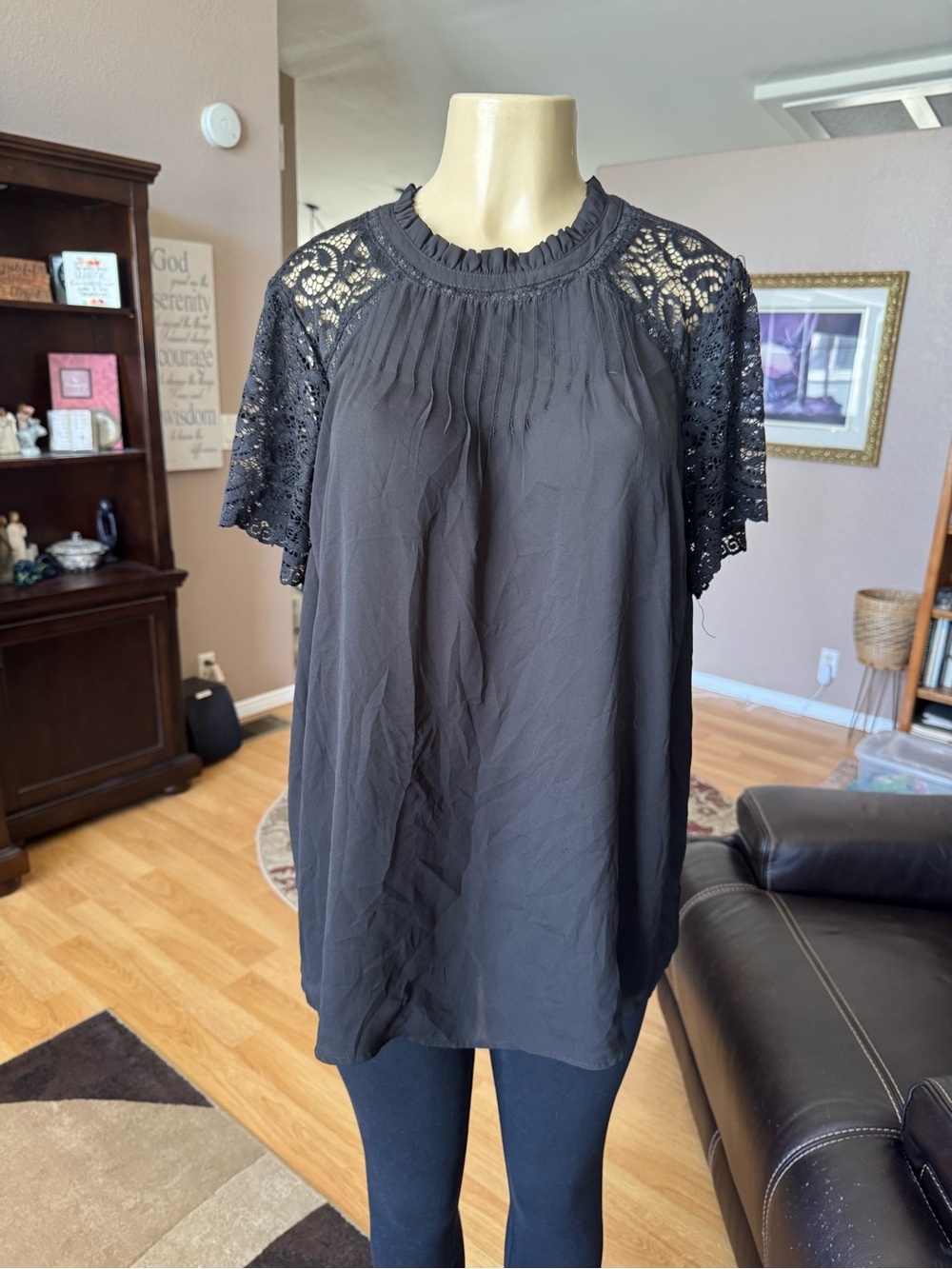 Torrid black pleated blouse with black lace short sleeves-size 1X